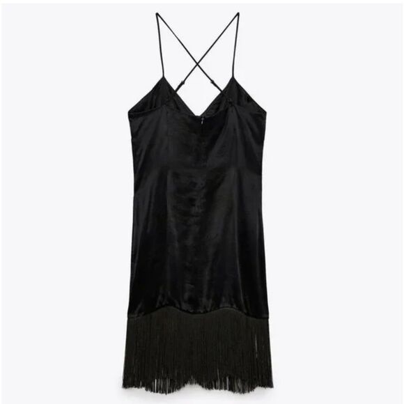 Zara - Black Satin Fringe Dress- Brand new with tag - Picture 2 of 4